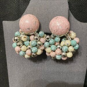 Vintage acrylic Pink, Cream & silver & blue Beaded dangling clip-on earrings
